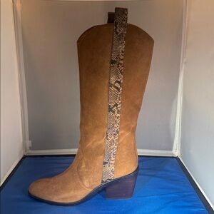 Donald Pliner riot suede western riding boot tan suede and snakeskin print strap